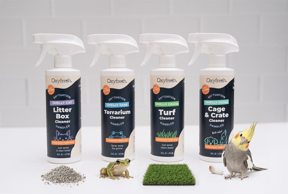 Oxyfresh pet-safe cleaner line for every kind of pet mess. Perfect for cleaning litter boxes, terrariums, artificial turf, bird cages, small animal habitats, and even dog crates. Non-toxic and fragrance free.