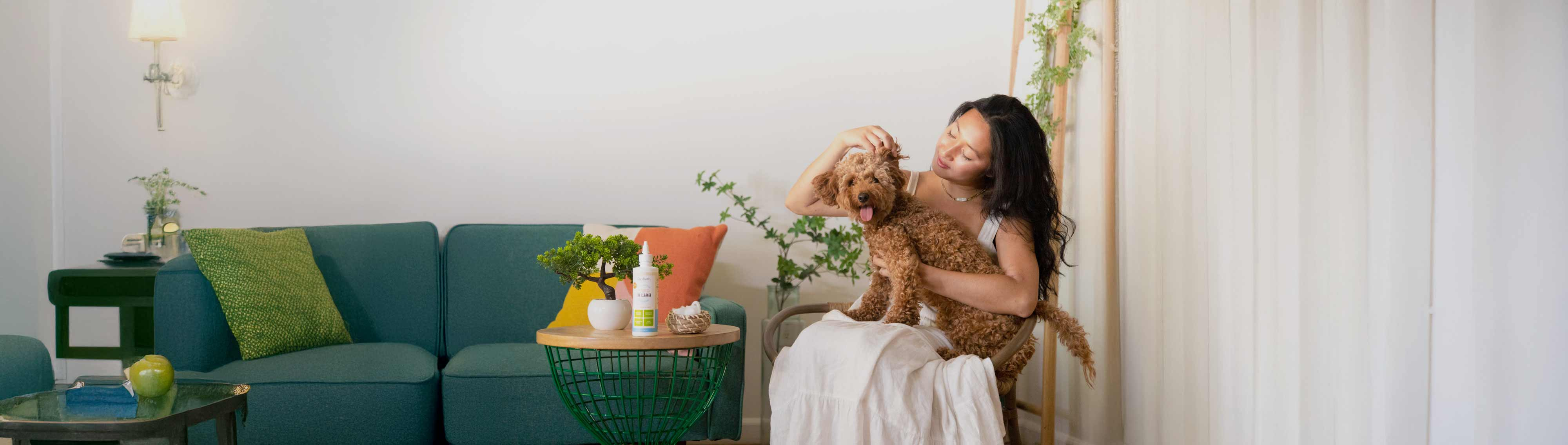 oxyfresh-pet-ear-cleaner-helps-with-stinky-gunky-pet-ears-woman-peering-into-her-golden-doodles-ear-to-check-how-clean-and-fresh-it-is-after-using-this-premium-ear-wash