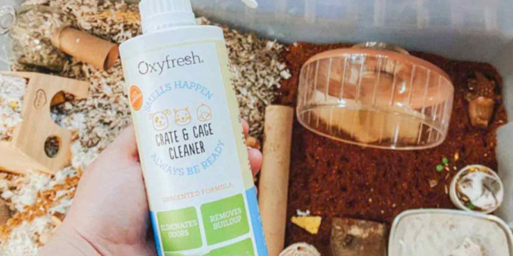Social-Media-Post-From-Instagram-User-_thewescottnest-holding-a-bottle-of-oxyfresh-non-toxic-crate-and-cage-cleaner-above-a-cage-she-is-about-to-clean