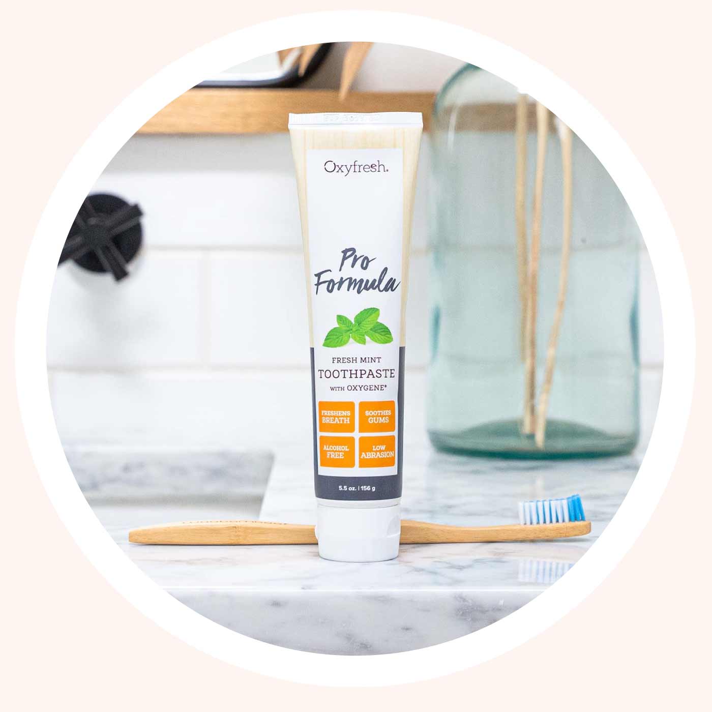 oxyfresh-pro-formula-professional-toothpaste-mint-sitting-on-counter-in-front-of-toothbrush
