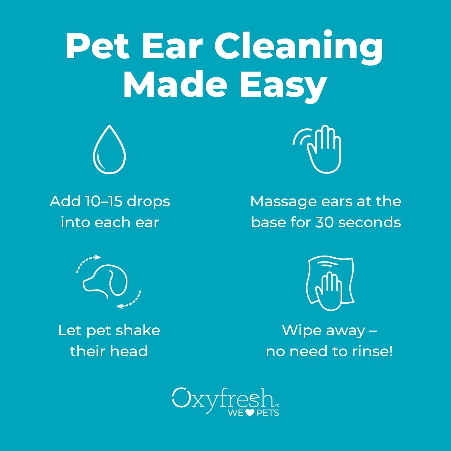 oxyfresh pet ear cleaner graphic that says pet ear cleaning made easy. add 10-15 drops into each ear. massage ears at the base for 30 seconds, let pet shake their head, wipe away-no need to rinse!