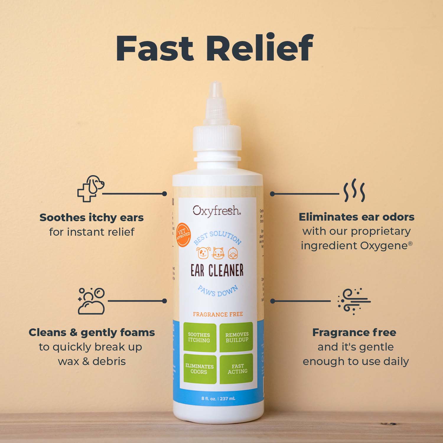 oxyfresh pet ear cleaner photo of bottle with words around that say fast relief soothese itchy ears cleans and gently foams eliminates ear odors fragrance free