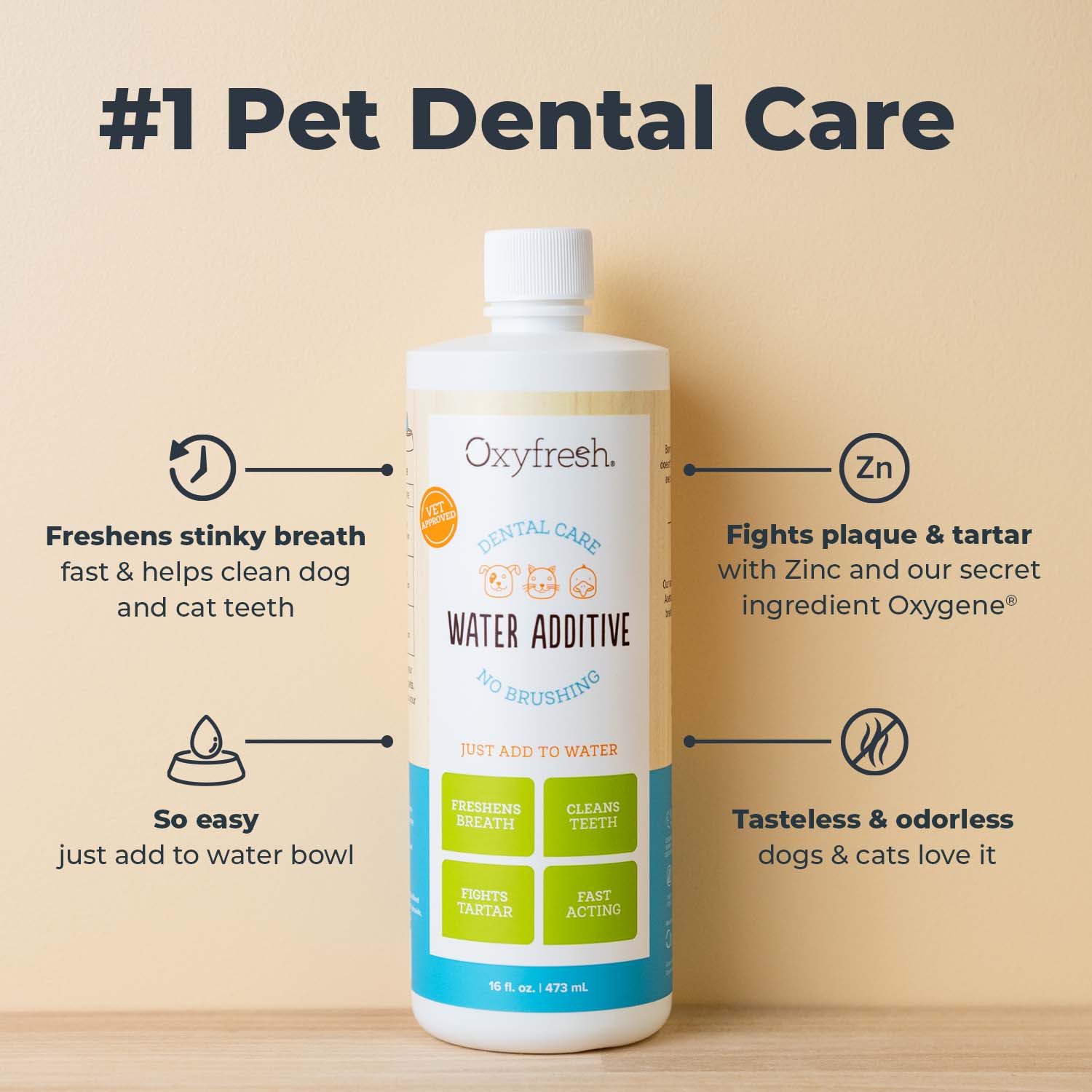 Oxyfresh pet water additive benefits freshens stinky breath easy fights plaque & tartar tasteless & odorless